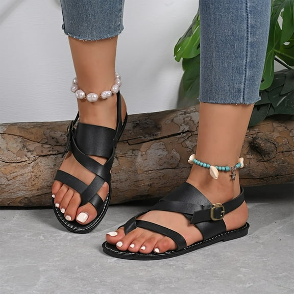 Wowcloth Women's Casual Roman Sandals – Adjustable Toe Strap & Versatile Solid Color with Beach-Ready Style for Summer Footwear,Plus Size