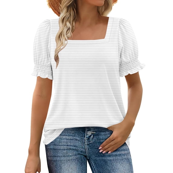 Wowcloth Women's Casual Short Sleeve T-shirt with Striped Print, Square Neck for Daily Wear
