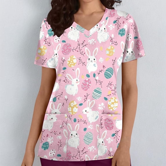 Wowcloth Women's Casual Short Sleeve V-Neck Top, Loose Fit with Easter Print Pocket for Everyday Wear and Spring Fashion