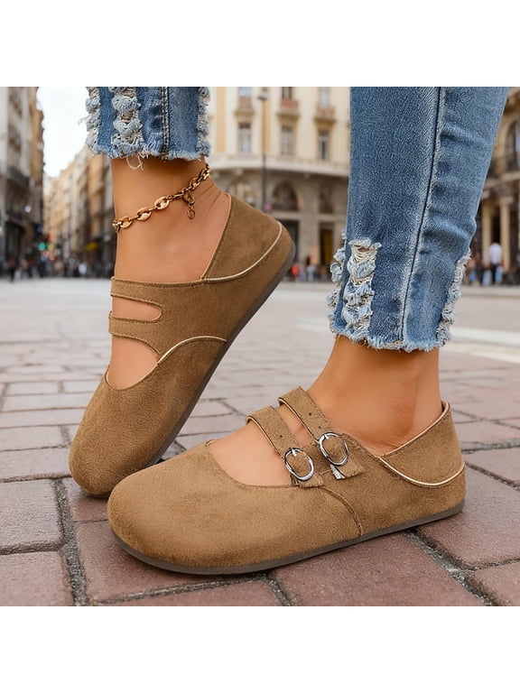 Women's Casual Slip-On Loafers – Comfortable Round Toe Flats with Double Buckle Strap and Low Heel for Versatile Everyday Wear