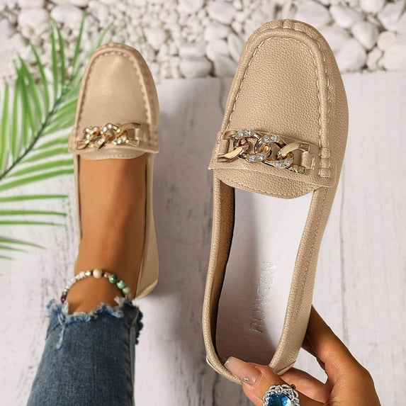 Wowcloth Women's Casual Slip-On Loafers – Round Toe Low Heel with Metal Chain Decor, Trendy Fall/Winter Slip-On Shoes for Women Footwear