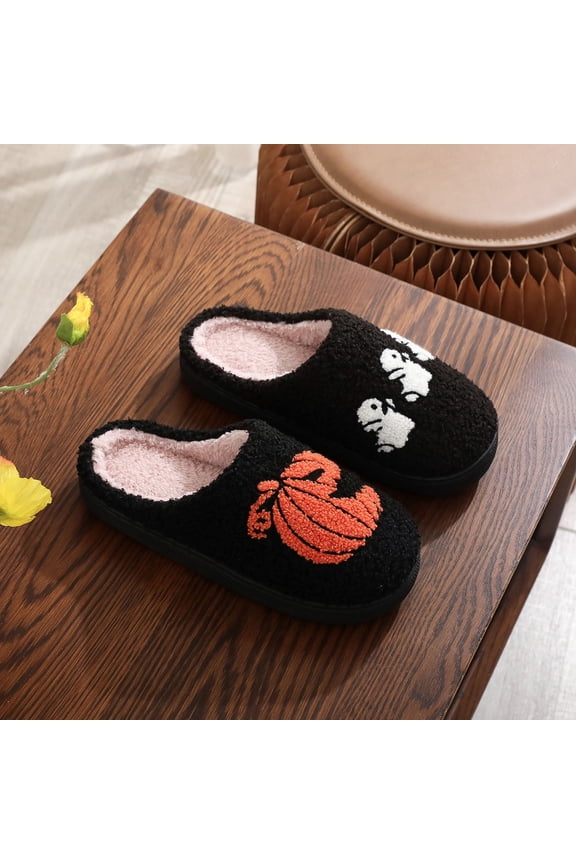 Women's Casual Slip-On Slippers - Cozy Indoor House Shoes with Trendy Halloween Pumpkin Ghost Design for Autumn Winter Seasons