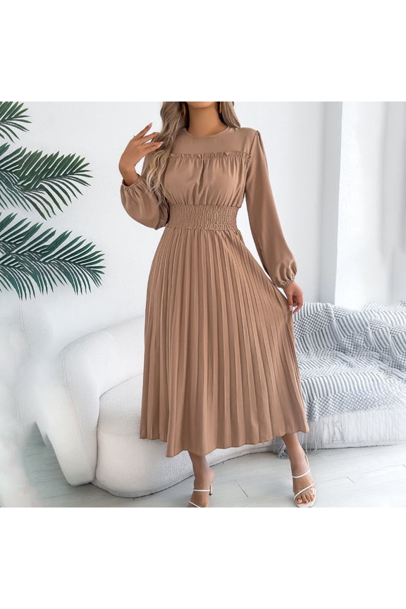 Women's Casual Solid Color Maxi Dress with Round Neck, Ruffle Long Sleeves, Smocked Waist and Pleated Skirt for Daily Wear, Parties and Office