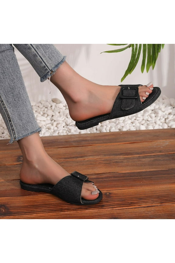 Women's Casual Summer Sandals – Comfortable Slip-On with Single Buckle Decor and Round Toe Design for Fashion Slides