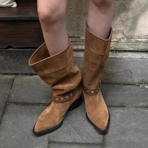 Wowcloth Women's Casual Western Cowboy Ankle Boots – Stylish Buckle Detail with Chunky Heel & Pointed Toe Design, Versatile for Everyday Outfits
