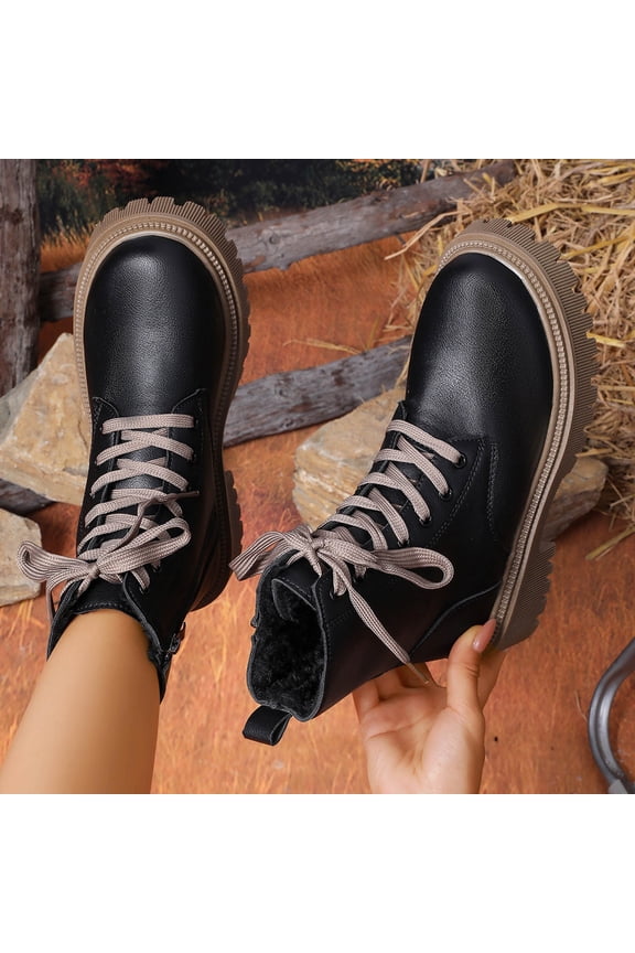 Women's Casual Winter Ankle Boots, Fleece-Lined Warm with Side Zipper and Front Lace-Up, Chunky Low Heel Solid Color Round Toe for Daily Wear and Outdoor