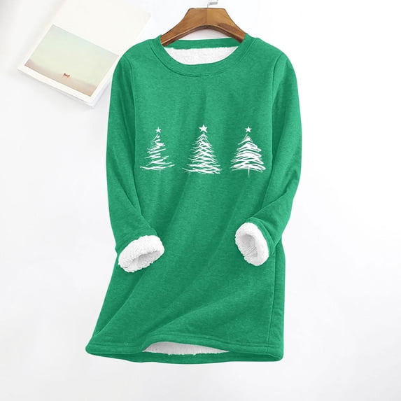 Wowcloth Women's Christmas Print Fleece-Lined Thermal Top, Warm and Fitted Base Layer Shirt with Long Sleeve Round Neck for Winter Daily Wear