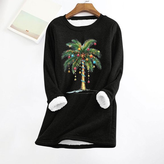 Wowcloth Women's Christmas Print Fleece Top, Round Neck Long Sleeve Thermal, Warm and Cozy for Winter, Holiday and Everyday Use