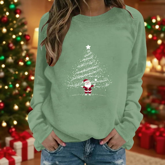 Wowcloth Women's Christmas Print Round Neck Casual Pullover Sweatshirt - Long Sleeve Hoodless Design for Holiday & Daily Wear