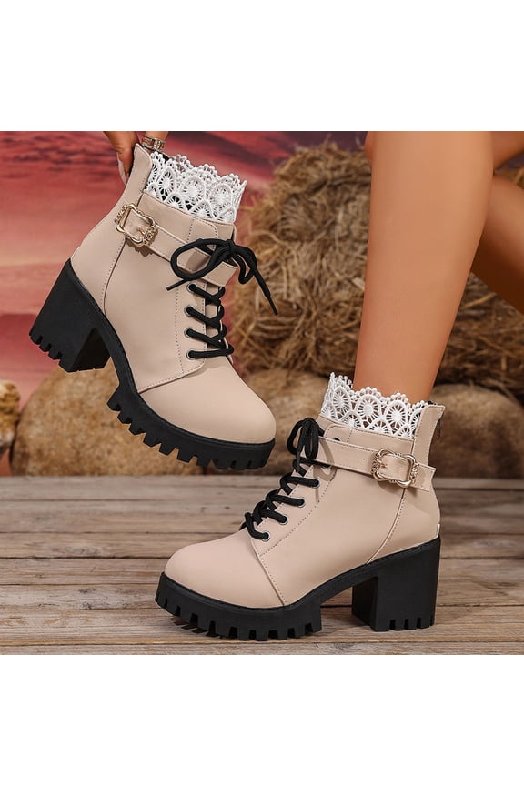 Women's Chunky Heel Ankle Boots – Versatile Eye-Catching Lace Paneled Round Toe with Comfortable Elevating Platform Sole for Everyday Autumn Winter Style