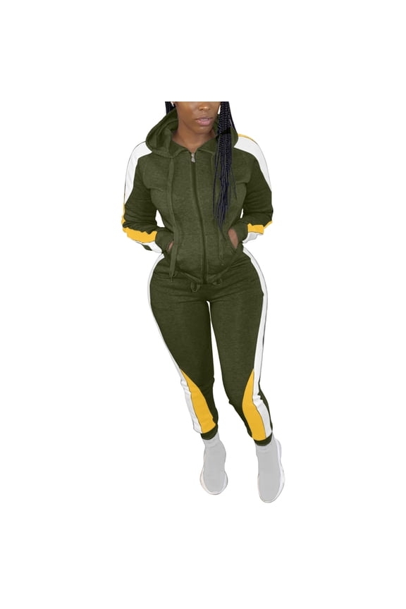 Women's Color Block Hooded Zip-Up Jacket Two-Piece Set - Sporty and Fashionable