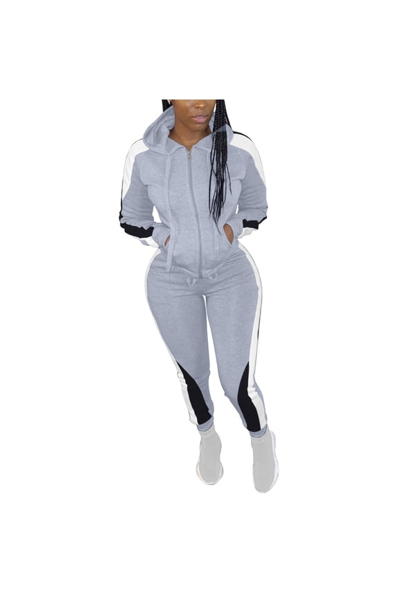 Women's Color Block Hooded Zip-Up Jacket Two-Piece Set - Sporty and Fashionable