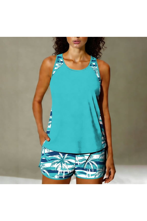 Women's Conservative Hawaiian Print Tankini Swimsuit with Padded Bra and Pocket for Beach Swimming and Vacation