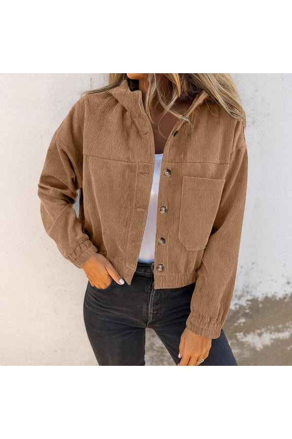 Women's Corduroy Cardigan Jacket, Hooded Long Sleeve, Soft Warm for Casual Daily Wear and Outdoor