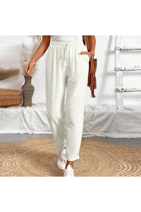 Women's Cotton Linen Drawstring Pants, Solid Color with Pockets, Elastic Waist Loose Fit for Everyday Wear and Casual Outings
