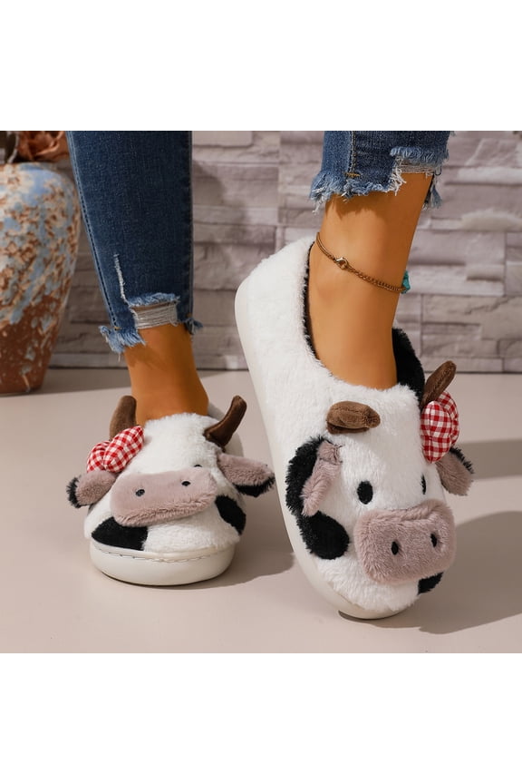 Women's Cow Print Slippers – Thick Sole Red Plaid Back Strap Plush Lined Warm Comfortable for Indoor Home Use in Autumn Winter