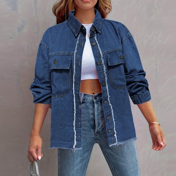 Wowcloth Women's Denim Jacket, Loose Fit Washed Lapel Collar for Casual Daily Wear