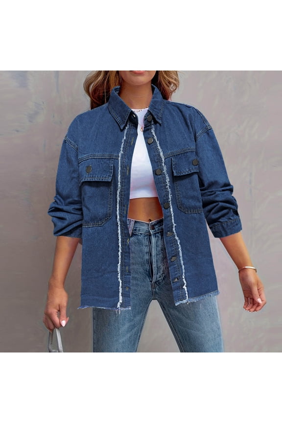 Women's Denim Jacket, Loose Fit Washed Lapel Collar for Casual Daily Wear