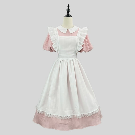 Wowcloth Women's Dresses A Line Round Neck Maid Outfits Casual Dress Cute Short Sleeve Lolita Clothing Cosplay Costumes