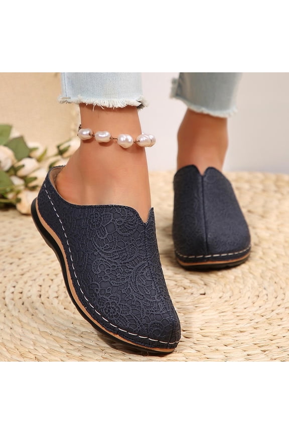 Women's Embroidered Slide Sandals – Slip-On Design with Thick Soft Sole, Wedge Heel & Breathable Closed Toe for Versatile Spring Summer Casual Wear, Available in Large Sizes