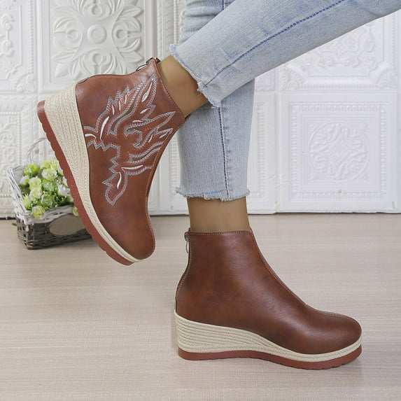 Wowcloth Women's Ethnic Embroidered Casual Ankle Boots – Front Elastic Back Zipper Closure with Leather Platform Wedge Heel for Autumn Winter Retro Style Footwear