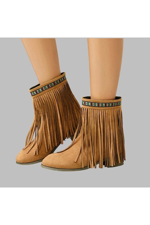 Women's Fashion Ankle Boots - Chunky Heel Winter Tassel Design Slip-On Shaft Booties for Casual Chic Outfit Essentials