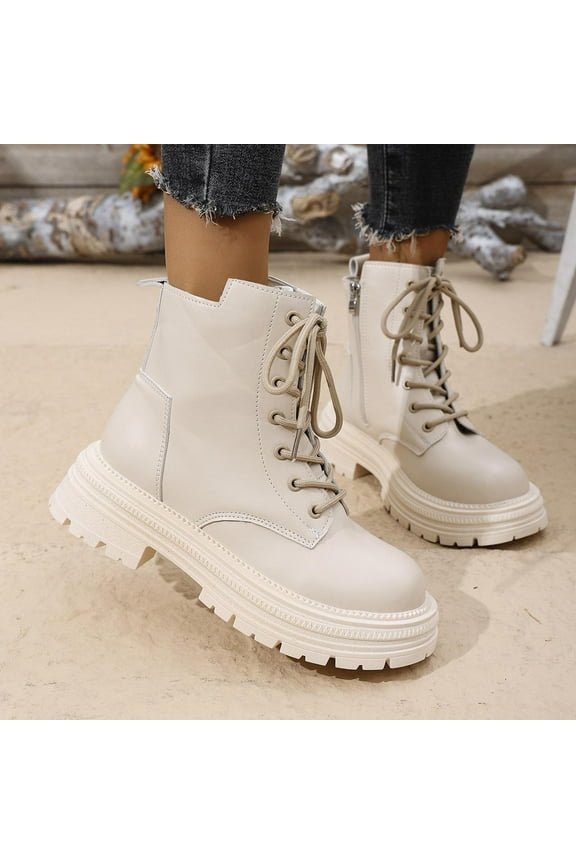 Women's Fashion Casual Ankle Boots – Autumn Winter Fleece-Lined with Side Zipper & Lace-Up Design, Thick Sole and Chunky Low Heel for Stylish Daily Wear