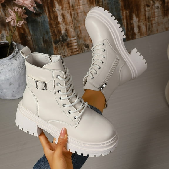 Wowcloth Women's Fashion Casual Ankle Boots – British Style Round Toe Lace-Up with Chunky Sole & Mid-Heel for Everyday Wear