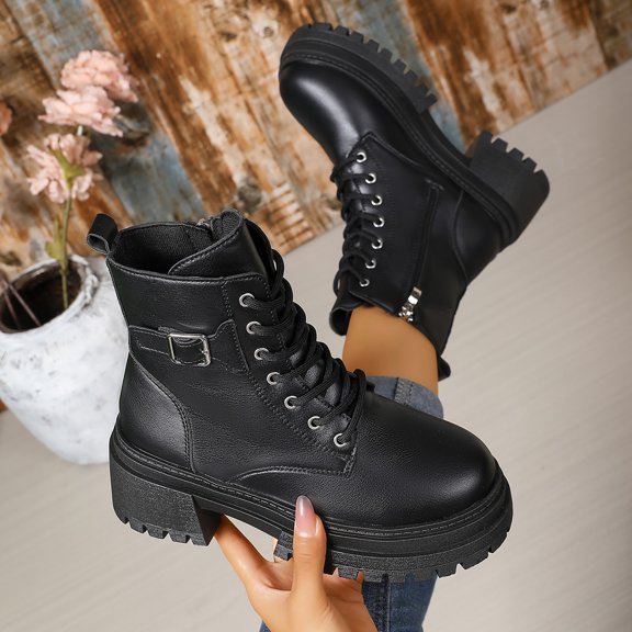 Wowcloth Women's Fashion Casual Ankle Boots – British Style Round Toe Lace-Up with Chunky Sole & Mid-Heel for Everyday Wear