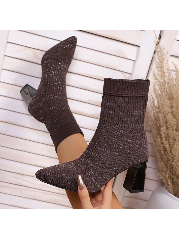 Women's Fashion Casual Ankle Boots – Fall Winter Solid Color Stretch Knit Sock Boots with Chunky High Heel for Trendy Everyday Wear