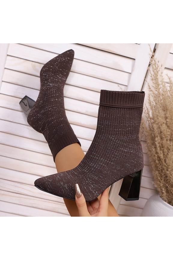 Women's Fashion Casual Ankle Boots – Fall Winter Solid Color Stretch Knit Sock Boots with Chunky High Heel for Trendy Everyday Wear