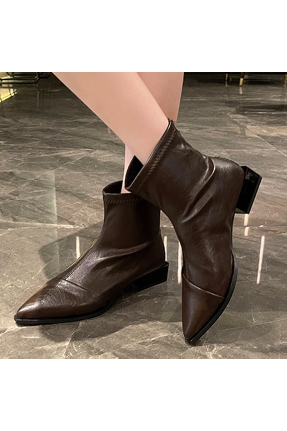 Women's Fashion Casual Ankle Boots – New Arrivals for Spring/Fall with Solid Color & Contrast Trim, Pointed Toe, Rear Zipper, Chunky Low Heel for Stylish Everyday Footwear