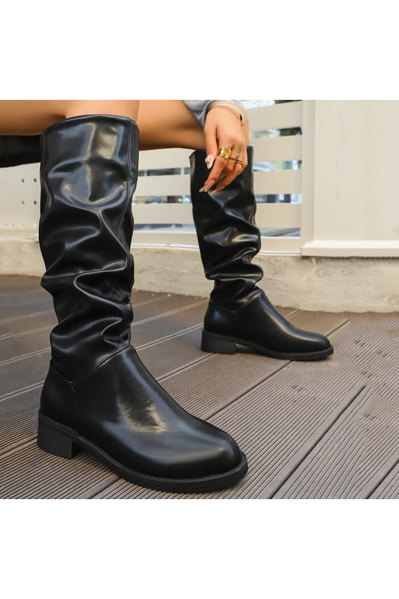 Women's Fashion Casual Boots, Crinkle Stacked Design with Solid Color Round Toe, Chunky Low Heel Knee-High Winter Ankle Boots for Daily Wear and Leisure
