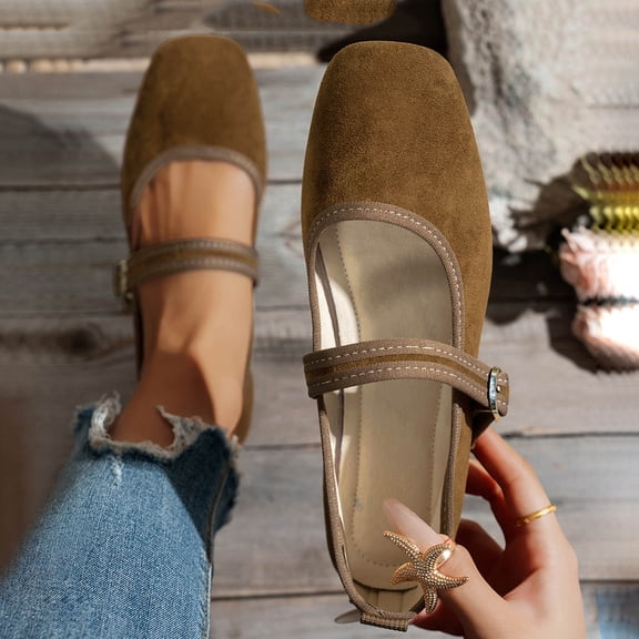 Wowcloth Women's Fashion Casual Breathable Square Toe Flats – Comfortable Soft Sole with Adjustable Buckle Closure, Versatile for Everyday Wear