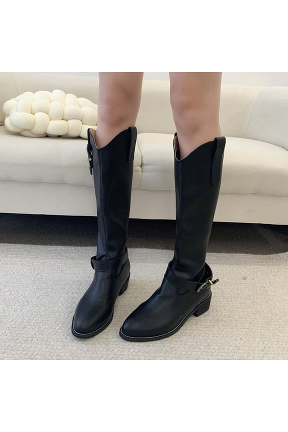 Women's Fashion Casual British Style Knee-High Boots – Solid Color Belt Buckle Pointed Toe with Chunky Low Heel for Stylish Everyday Footwear