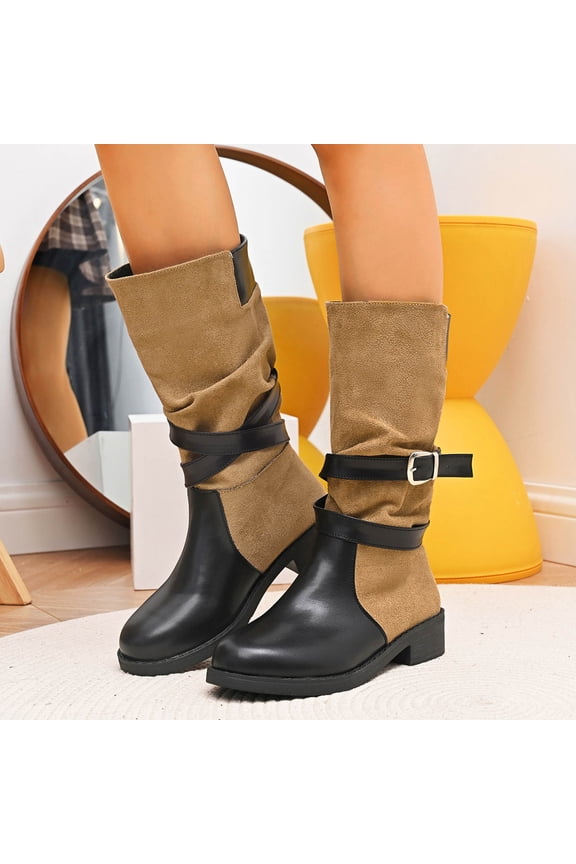 Women's Fashion Casual British Style Round-Toe Mid-Calf Boots – Versatile Leather Buckle and Cross-Strap Design with Color Blocking for Everyday Outfits