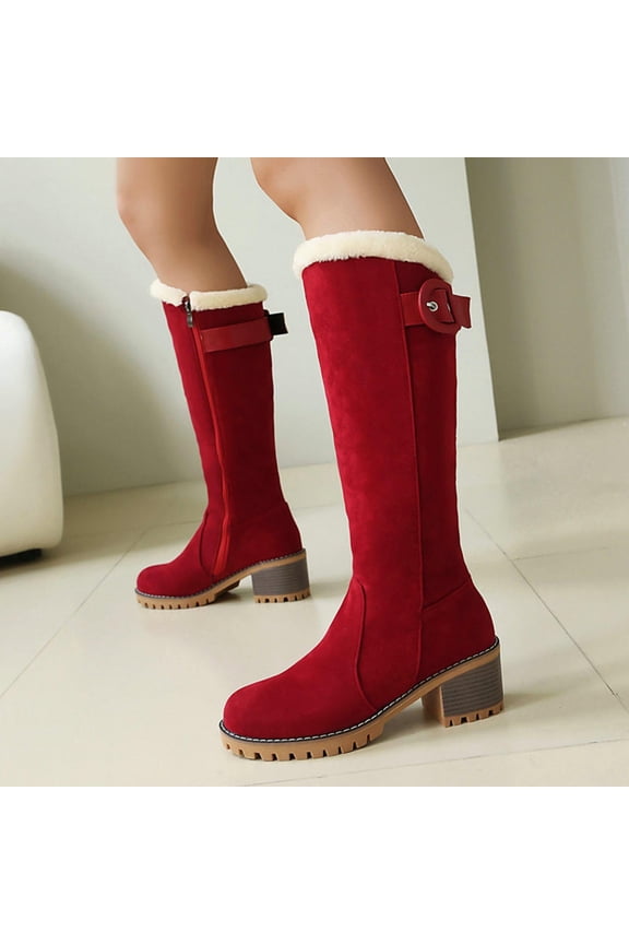 Women's Fashion Casual Buckle Snow Boots – Round Toe Chunky Heel Side Zipper Knee-High Shaft Winter Footwear for Outdoor and Daily Wear