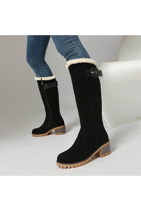 Women's Fashion Casual Buckle Snow Boots – Round Toe Chunky Heel Side Zipper Knee-High Shaft Winter Footwear for Outdoor and Daily Wear