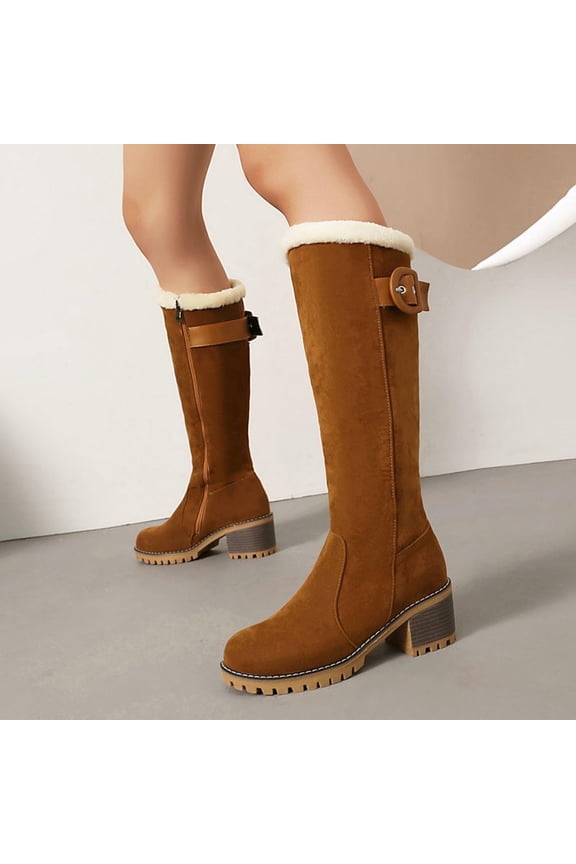 Women's Fashion Casual Buckle Snow Boots – Round Toe Chunky Heel Side Zipper Knee-High Shaft Winter Footwear for Outdoor and Daily Wear
