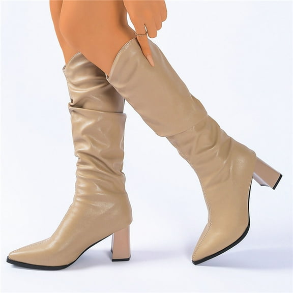 Wowcloth Women's Fashion Casual Chunky Heel Ankle Boots - Pointed Toe & Wrinkle Detailing Mid-Calf Boots with Block Heel, Versatile for Daily Outfits