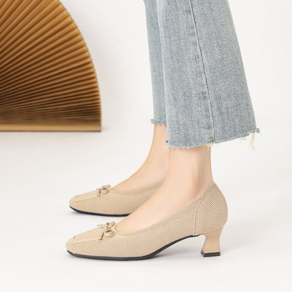 Wowcloth Women's Fashion Casual Chunky Heels – All-Season Knit Slip-On with Solid Color Bow Detail for Stylish Everyday Footwear