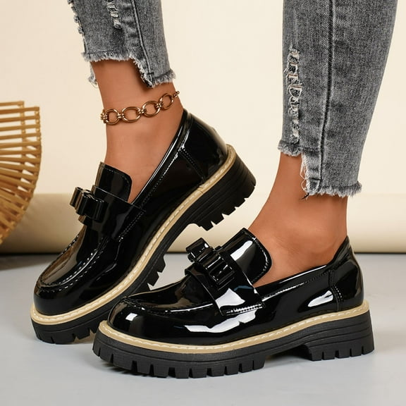 Wowcloth Women's Fashion Casual Classic New Solid Color Round Toe Bow Low-Top Platform British Style Mid-Heel Leather Shoes for Women Footwear
