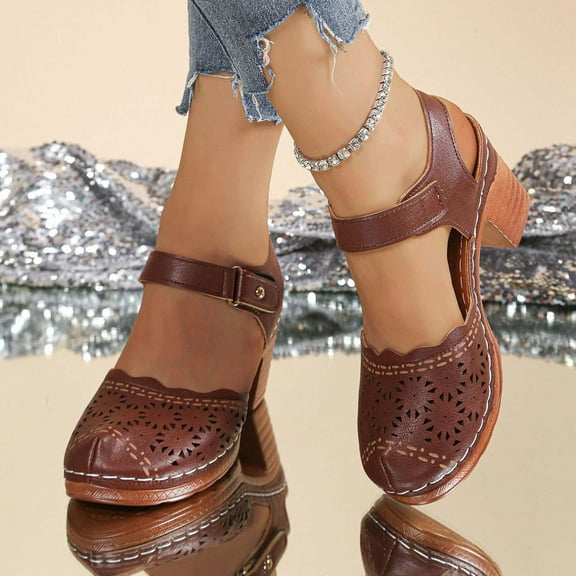 Wowcloth Women's Fashion Casual Closed-Toe Sandals – Chunky Heel Cut-Out Shape Spring Summer Slides for Versatile Everyday Footwear,Plus Size