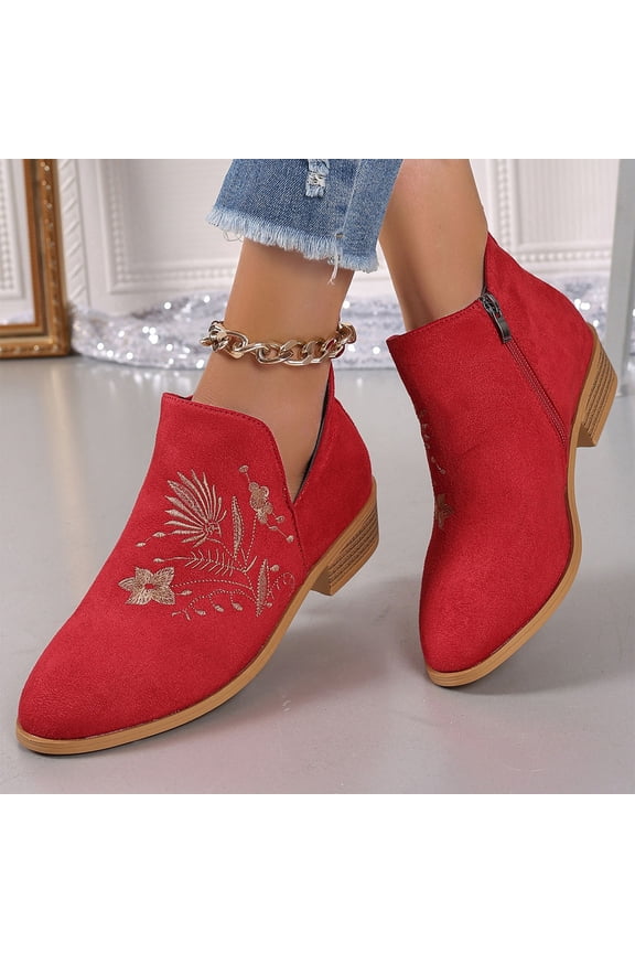 Women's Fashion Casual Embroidered Round Toe Ankle Boots – Side Zipper Chunky Heel Slip-On Versatile Autumn Winter Mid-Calf Boots for Women Footwear
