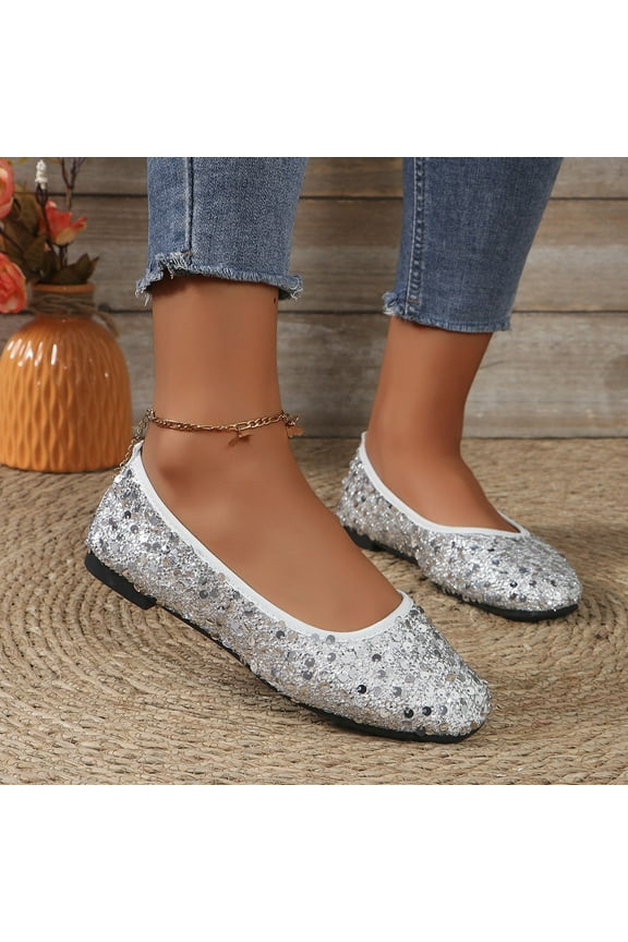 Women's Fashion Casual Flats – Comfortable Slip-On Sparkling Solid Color Round Toe Shape for Spring Summer Everyday Wear,Plus Size