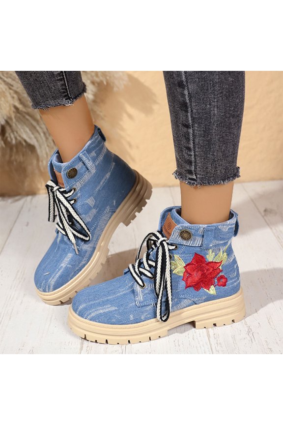 Women's Fashion Casual Floral Lace-Up Ankle Boots - Thick Platform Slip-On with Versatile Styling for Everyday Wear and Comfortable Footwear