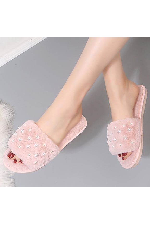 Women's Fashion Casual Indoor Slippers – Comfortable Pearl Round-Toe Open-Toe Plush Warmth Flat Slides for Home Use,Plus Size