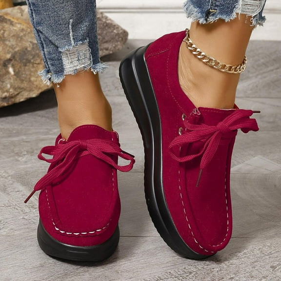 Wowcloth Women's Fashion Casual Lace-Up Loafers – Solid Color Round Toe Slip-On with Thick Wedge Sole for Spring/Fall Seasonal Wear