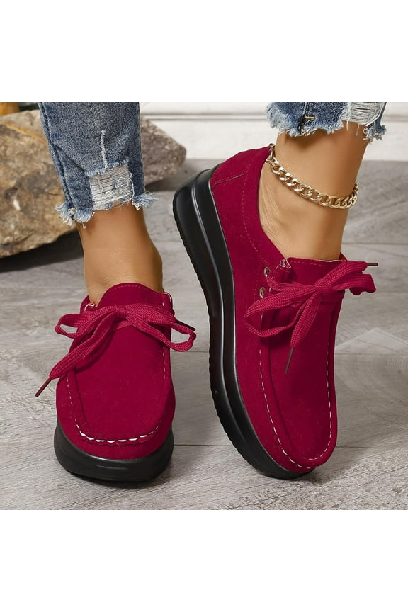 Women's Fashion Casual Lace-Up Loafers – Solid Color Round Toe Slip-On with Thick Wedge Sole for Spring/Fall Seasonal Wear