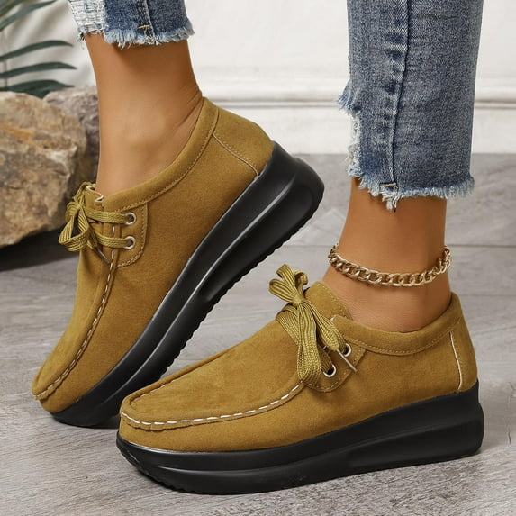 Wowcloth Women's Fashion Casual Lace-Up Loafers – Solid Color Round Toe Slip-On with Thick Wedge Sole for Spring/Fall Seasonal Wear